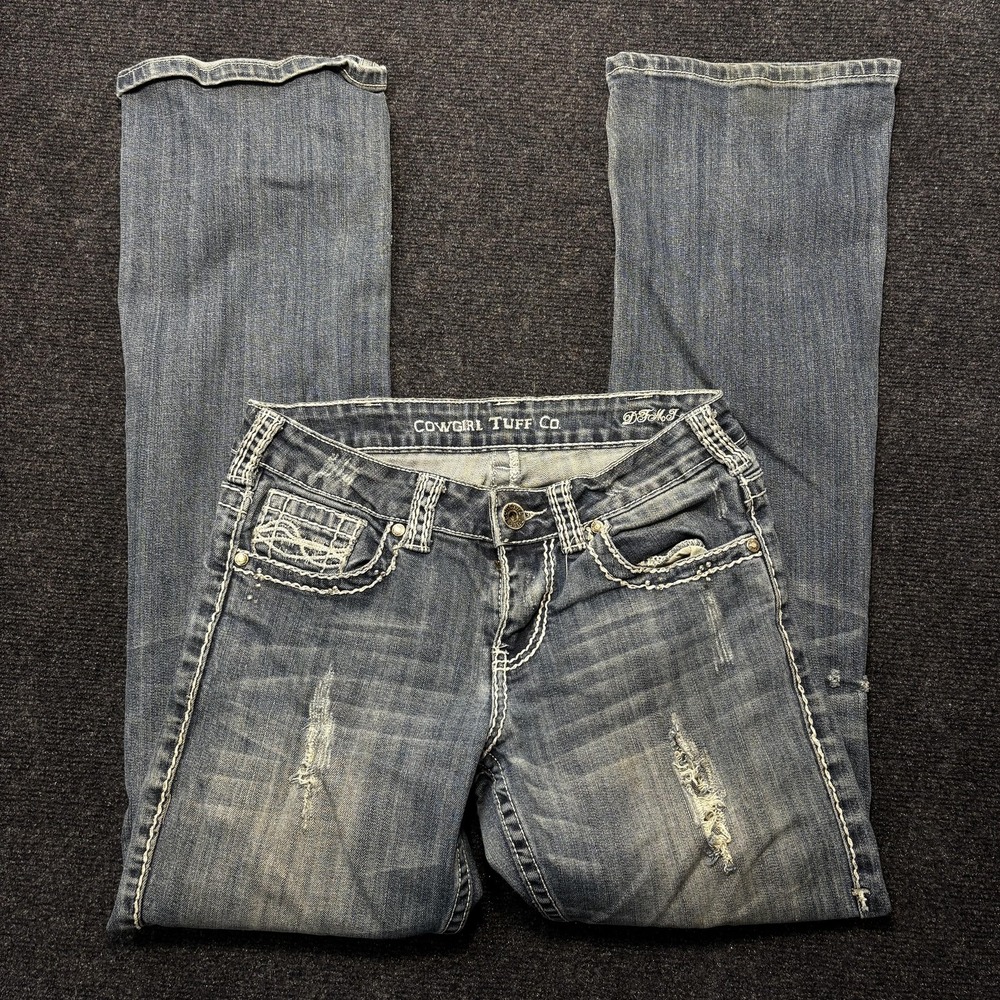 Cowgirl Tuff Co. Bootcut Jeans Womens 27x33 Blue Distressed Embroidered Denim